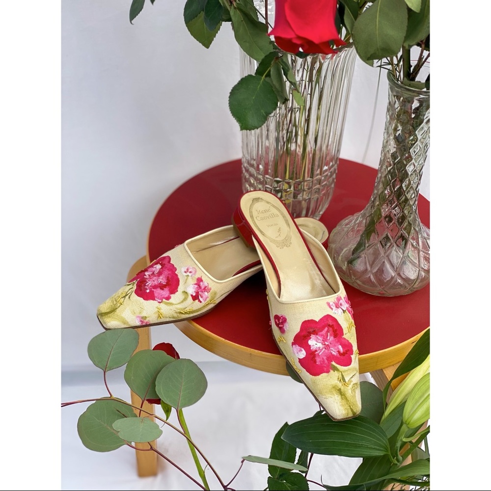 René Caovilla Painted Floral Square Toe Mule